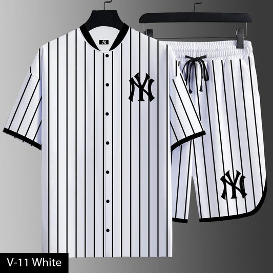NY Pinstripe Summer Tracksuit Set – Shirt & Shorts (V-11)