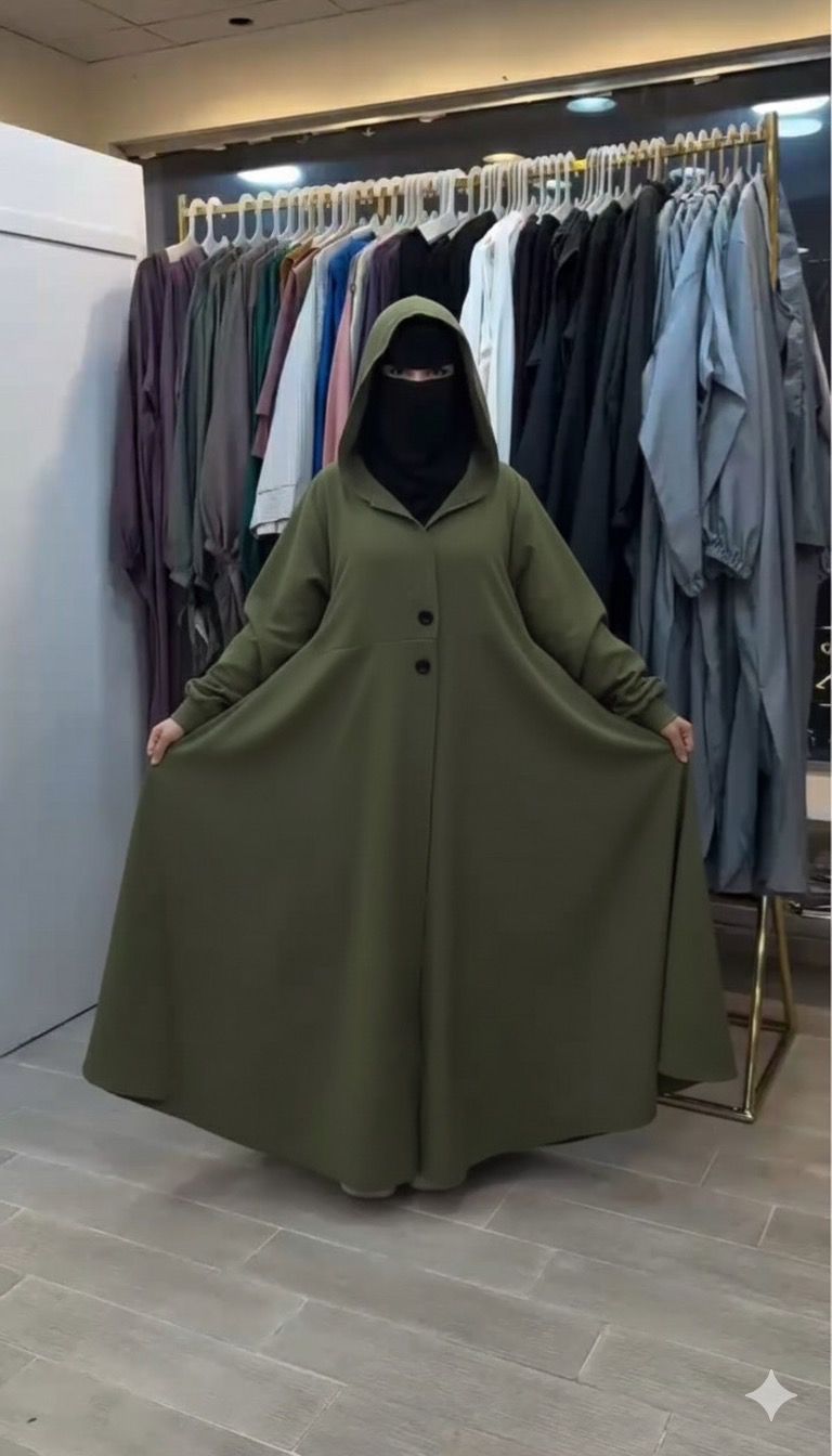 Ch 611 -Button-Front Long Frill Hoodie Winter Fleece Maxi Style with Wide Flare -