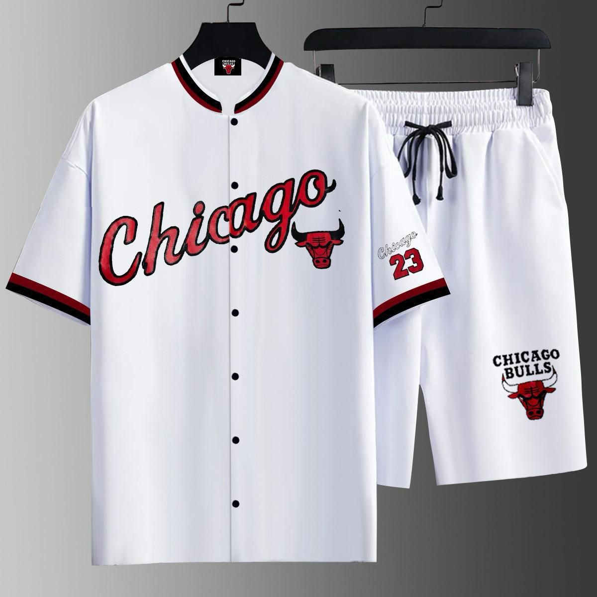 Men’s Chicago Bulls 2-Piece Summer Tracksuit – Premium Baseball Shirt & Shorts Set (V-16)