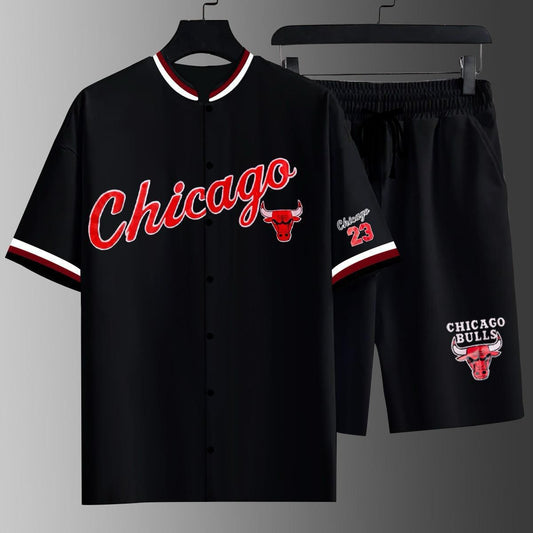 Men’s Chicago Bulls 2-Piece Summer Tracksuit – Premium Baseball Shirt & Shorts Set (V-16)