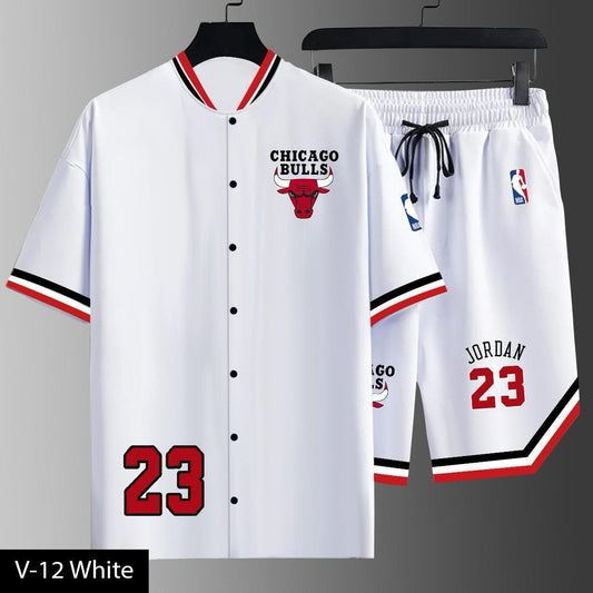 Men’s  Basketball Style Co-Ord Set – Button Jersey Shirt with Matching Shorts (V-12 CHICAGO)